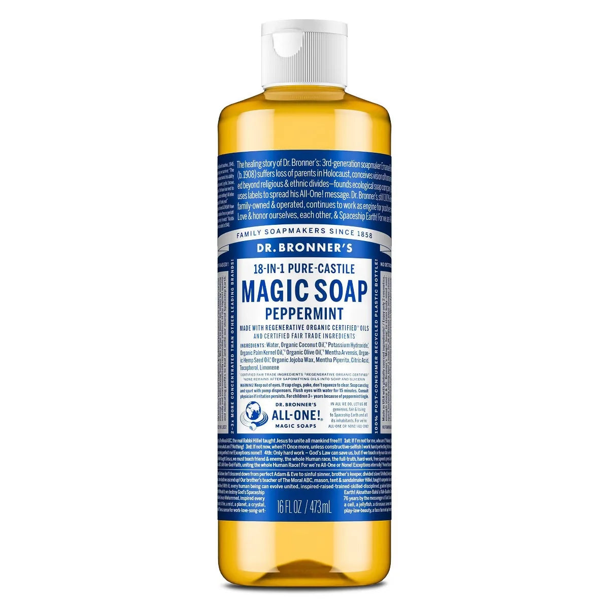 Dr. Bronner's Magic Pure Castile Liquid Soap Bodywash - Peppermint - 16 fl oz: Vegan, Paraben-Free, Whole Body, Normal Skin