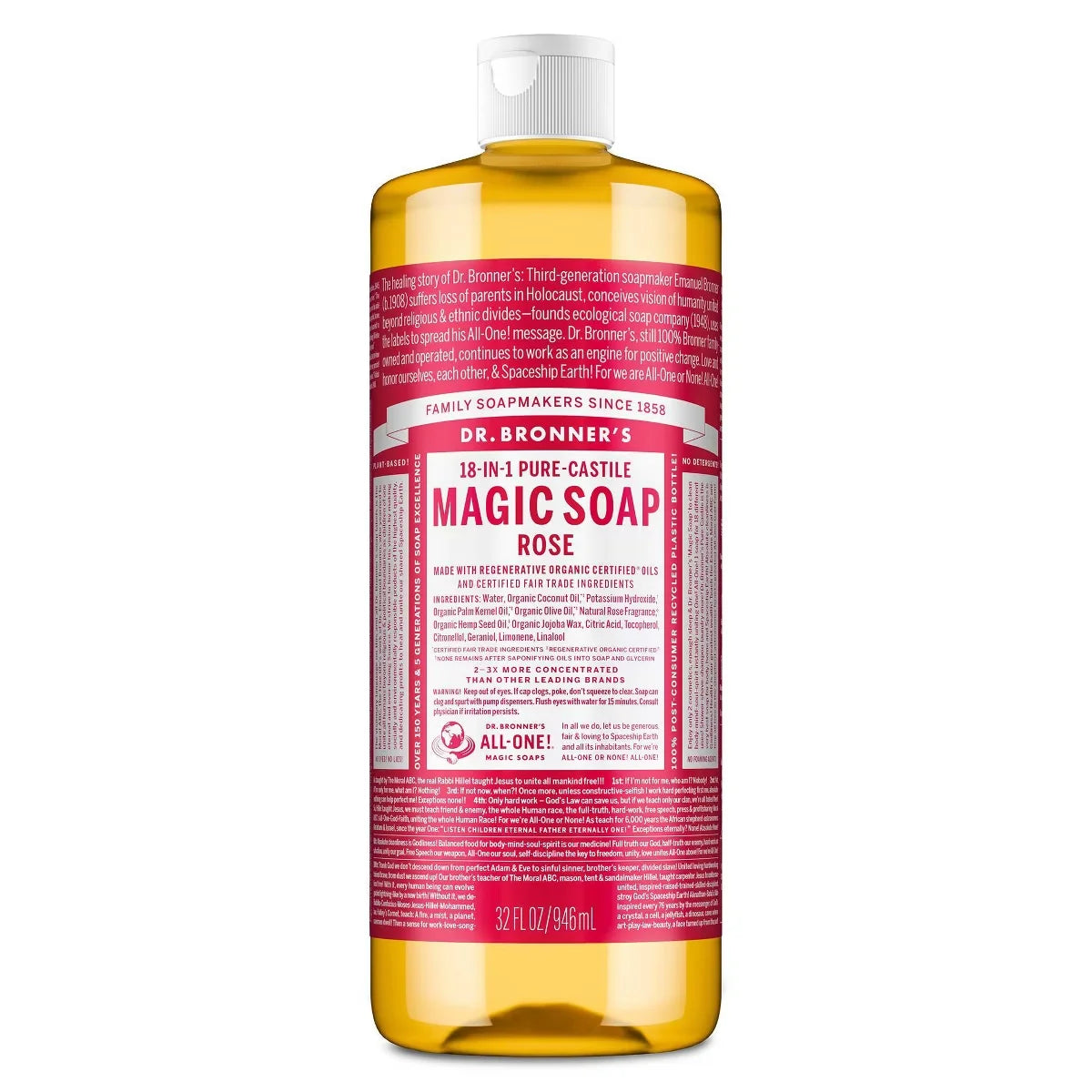 Dr. Bronner's Magic Pure Castile Liquid Soap Bodywash - Rose - 32 fl oz: Vegan, Contains Hemp Seed & Coconut Oil, Paraben-Free