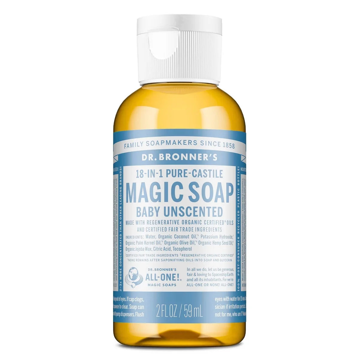 Dr. Bronner's Magic Pure Castile Liquid Soap Hand & Bodywash - Baby Unscented - 2 fl oz: Basic Cleansing, Vegan Formula