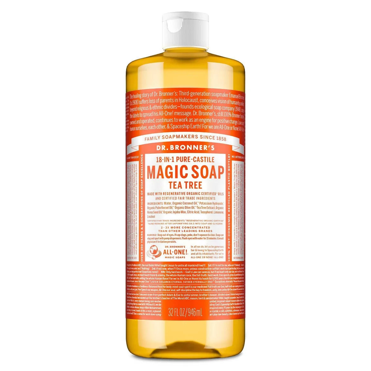 Dr. Bronner's Magic Pure Castile Liquid Soap Bodywash - Tea Tree - 32 fl oz: Vegan Cleanser, Normal Skin, Paraben-Free