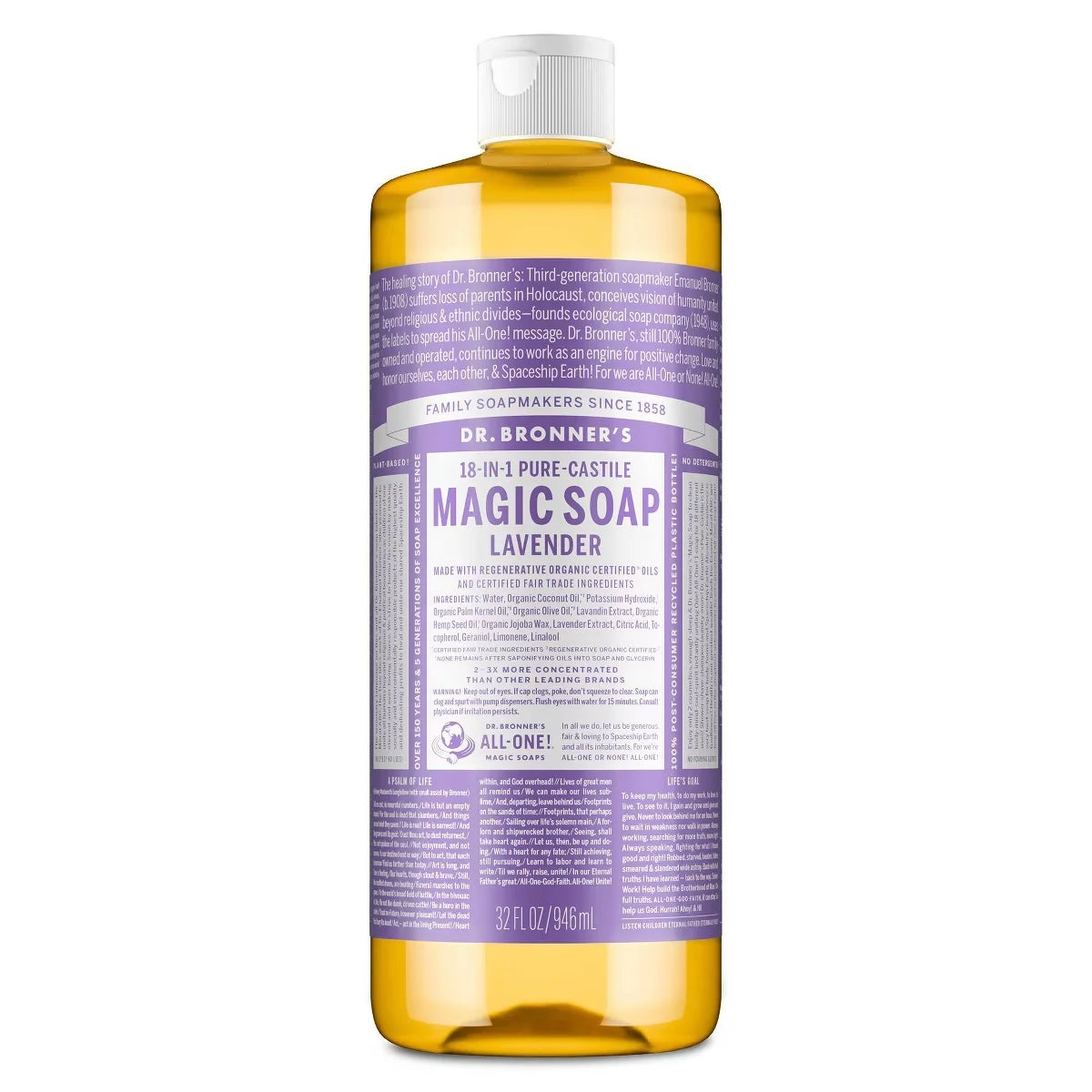 Dr. Bronner's Magic Pure Castile Liquid Soap Bodywash - Lavender - 32 fl oz: Vegan, Non-Toxic, Whole Body Use