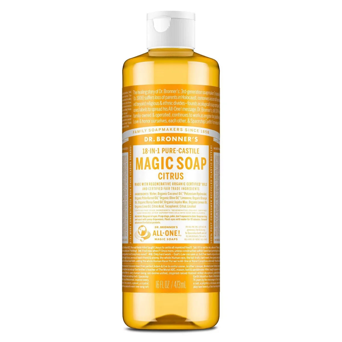Dr. Bronner's Magic Pure Castile Liquid Soap Bodywash - Citrus - 16 fl oz: Vegan, Made Without Parabens, Ethyl Alcohol-Free, Petroleum-Free